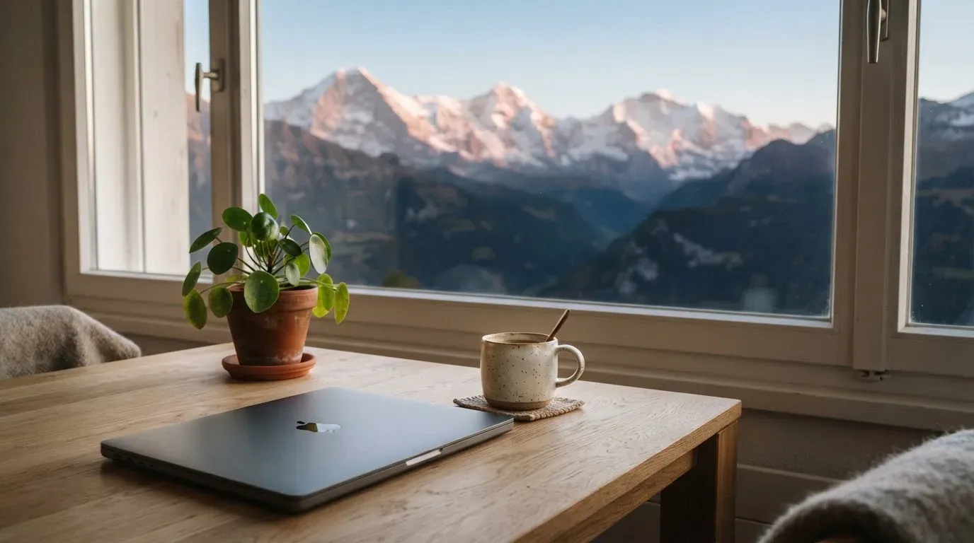 Ein Schreibtisch mit einem geschlossenen Laptop und einer Zimmerpflanze vor einem Fenster mit Blick auf eine Bergkette im Morgenlicht.