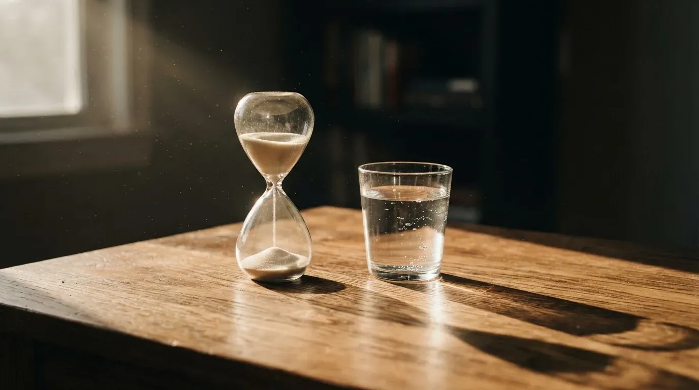 Eine Sanduhr steht auf einem Holztisch neben einem Glas Wasser, schräges Morgenlicht wirft einen langen Schatten über die Tischplatte.