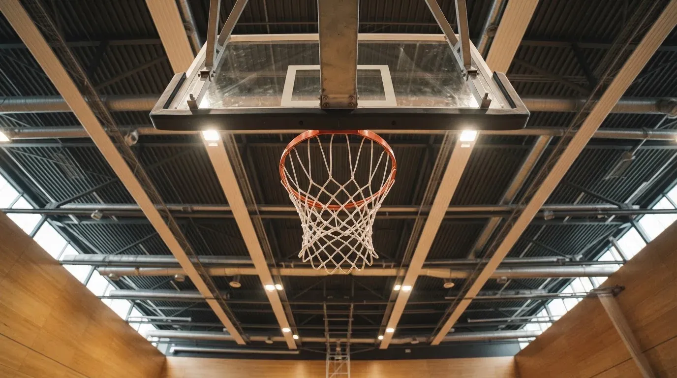 Ein Basketballkorb von unten gesehen, darüber eine Hallendecke mit Scheinwerfern und Stahlträgern.