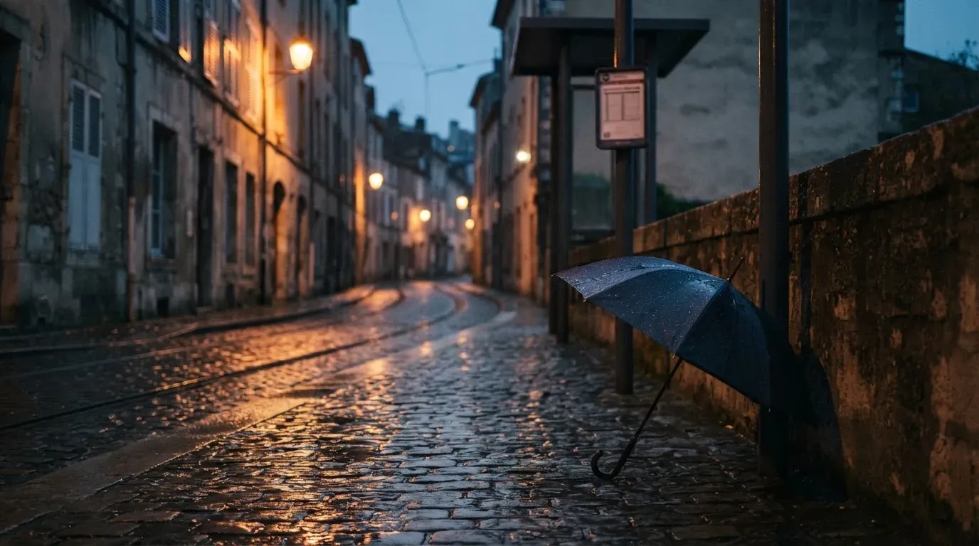 Eine Tramhaltestelle bei Regen in einer Altstadtgasse, das Kopfsteinpflaster glänzt und ein einzelner Regenschirm lehnt an einem Mäuerchen.