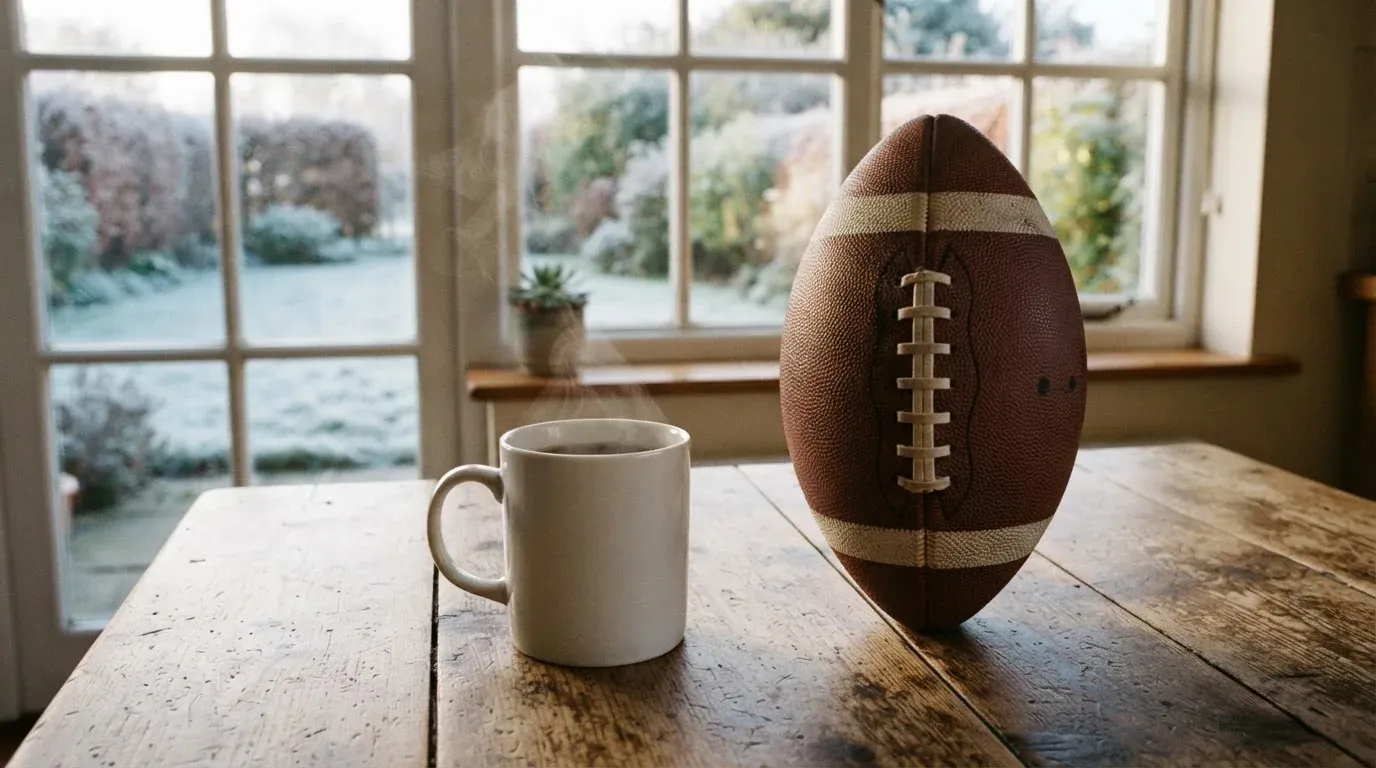 Ein Kaffeebecher und ein Football stehen auf einem Küchentisch am Morgen, durch das Fenster sieht man einen Garten mit Raureif.