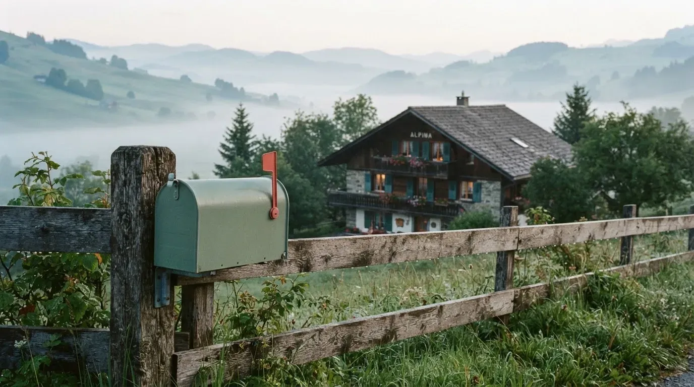 Ein Briefkasten an einem Holzzaun vor einem Bauernhaus in einer Hügellandschaft, auf den Wiesen liegt Frühnebel.