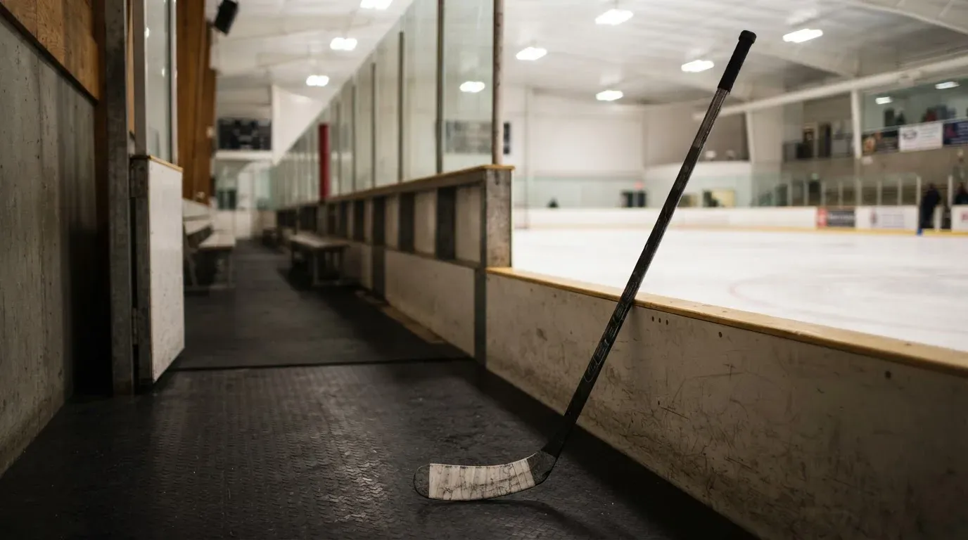 Ein Eishockeyschläger lehnt an der Bande, in der Ferne liegt die hell beleuchtete Eisfläche einer Halle unter Flutlicht.