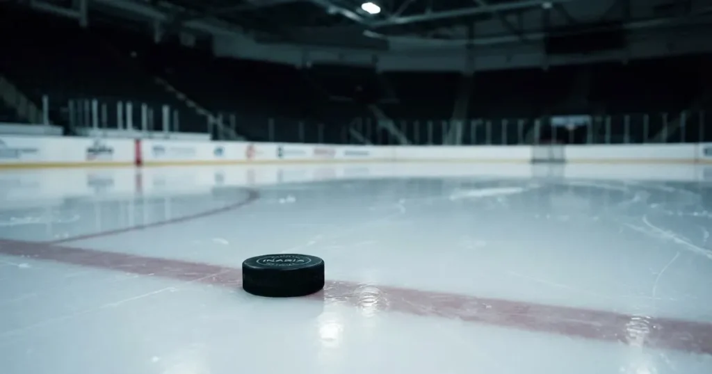 Ein Eishockeypuck liegt auf einer glatten Eisfläche, im Hintergrund erheben sich die dunklen Ränge einer leeren Halle.