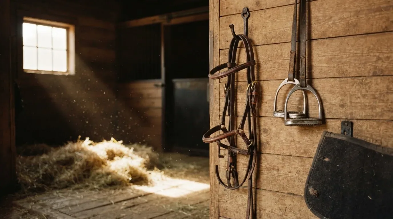 Lederne Steigbügel und ein Zügel hängen an einer Holzwand in einem ruhigen Stall, Heu liegt im Licht eines kleinen Fensters.