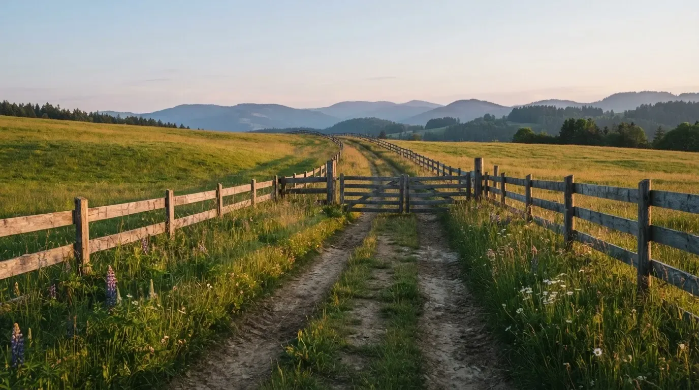 Ein Feldweg führt zwischen Weiden mit Holzzaun auf eine Hügelkette zu, über den Wiesen liegt weiches Abendlicht.