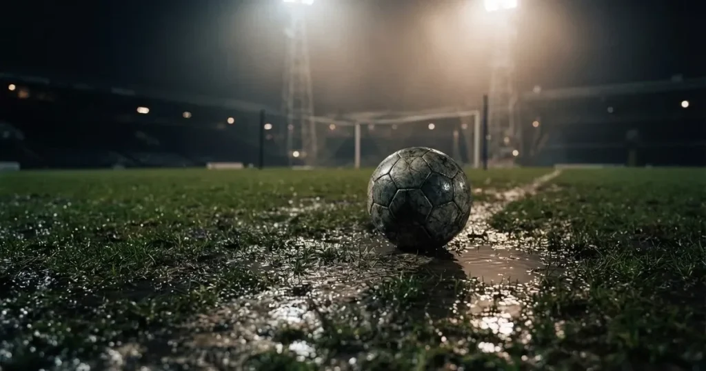 Ein Fussball liegt auf der Strafraumlinie eines nassen Rasens, dahinter stehen Flutlichtmasten im aufsteigenden Nebel.