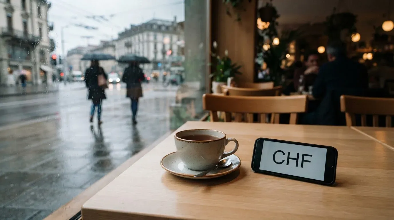 Ein Café-Tisch am Fenster mit einer Teetasse, draussen ein nasser Gehweg und Passanten mit Regenschirmen in unscharfer Ferne.