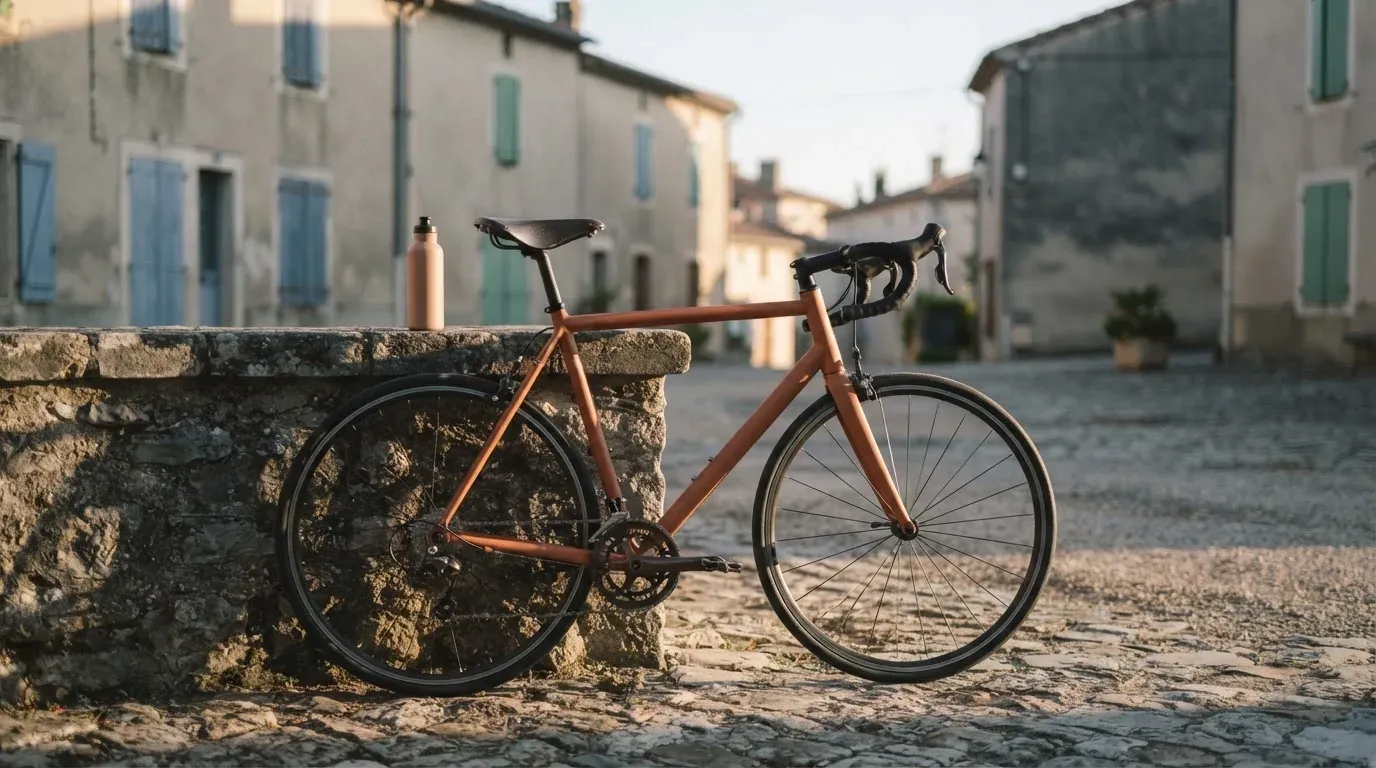 Ein Rennrad lehnt an einer Steinmauer am Rand eines Dorfplatzes, daneben eine Trinkflasche im ersten Sonnenlicht.