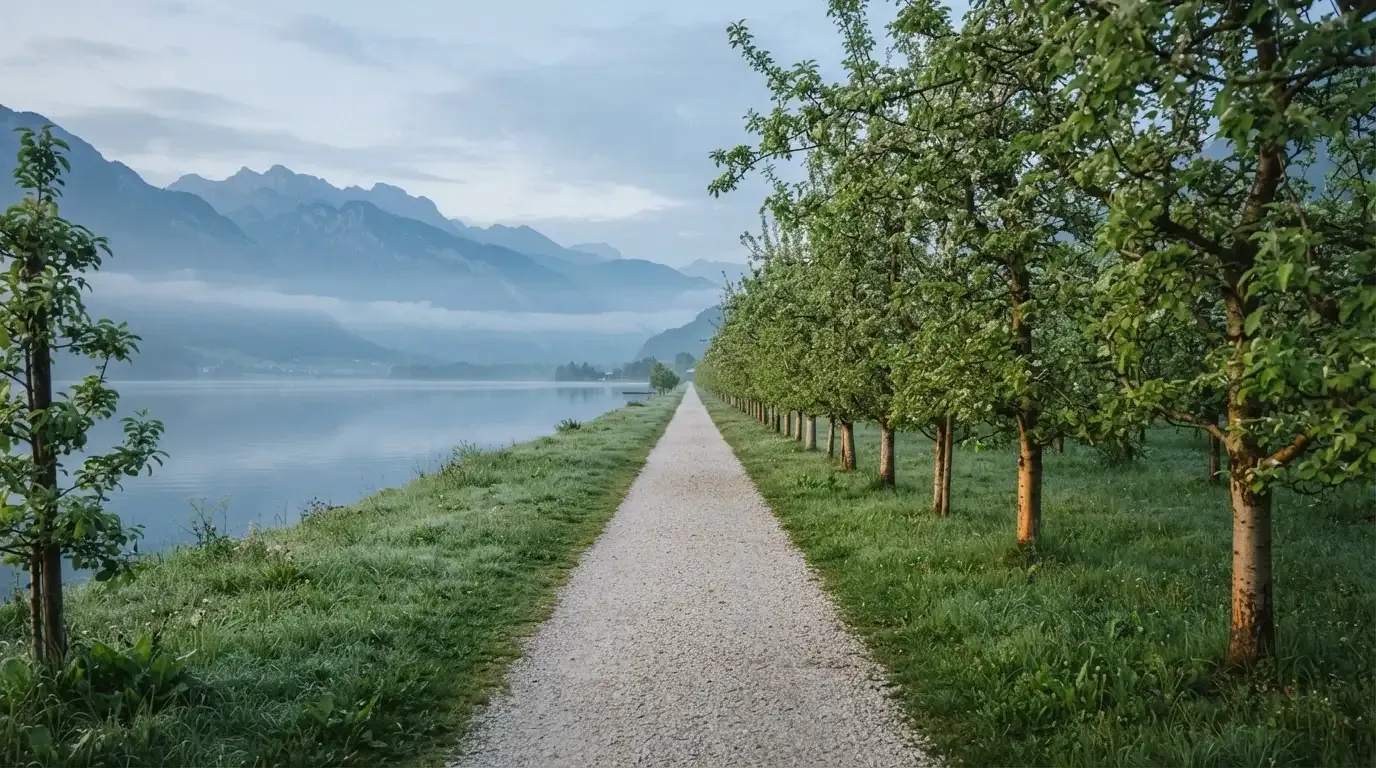 Ein langer Kiesweg zwischen Obstbäumen am Seeufer, im Hintergrund die Silhouette von Bergen im Dunst eines frühen Morgens.