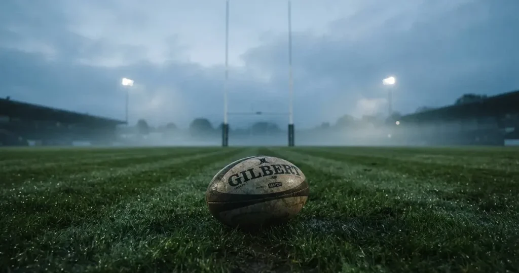 Ein ovaler Rugbyball liegt auf feuchtem Rasen vor zwei hohen Torstangen, hinter dem Spielfeld steigen Nebelschwaden auf.