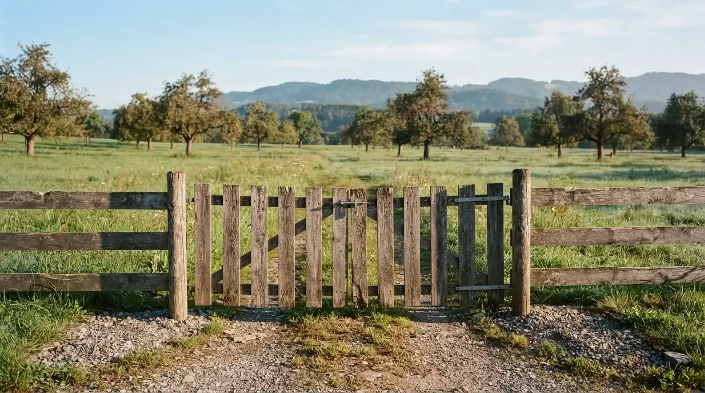 Ein Gartenzaun aus Holz an einer Hofeinfahrt, dahinter eine Wiese mit einzelnen Apfelbäumen im klaren Morgenlicht.
