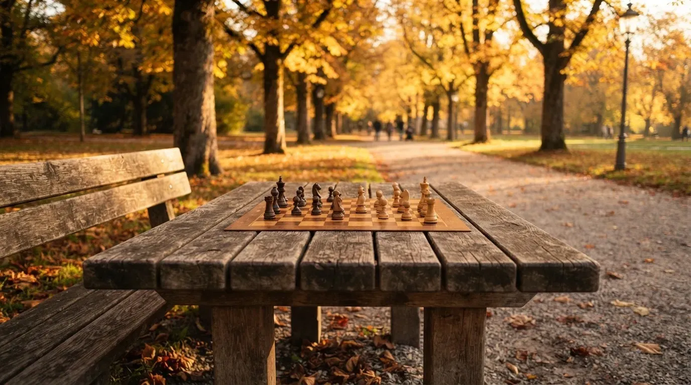 Ein Parkbank-Tisch mit eingelassenem Spielfeld unter alten Kastanien, auf den Wegen liegt Laub und die Sonne steht tief.
