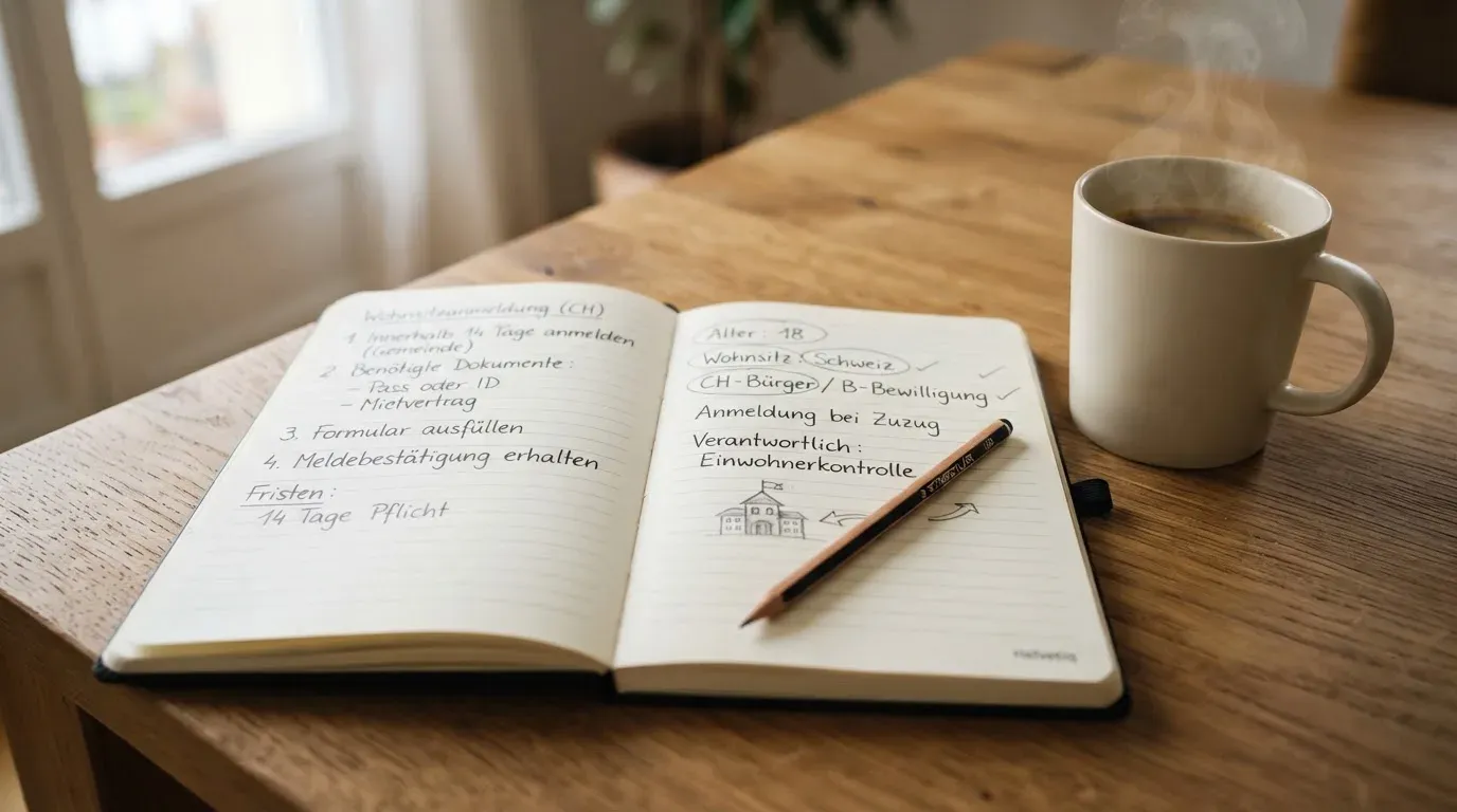 Ein aufgeschlagenes Notizbuch mit handschriftlichen Skizzen neben einem Bleistift und einer Kaffeetasse auf einem Holztisch.