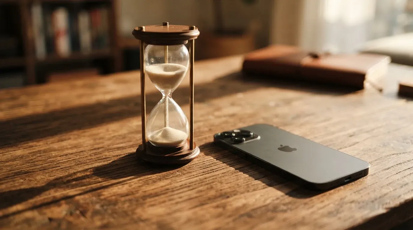Eine Sanduhr steht auf einem Holztisch neben einem umgedrehten Smartphone, warmes Licht fällt von der Seite ein.
