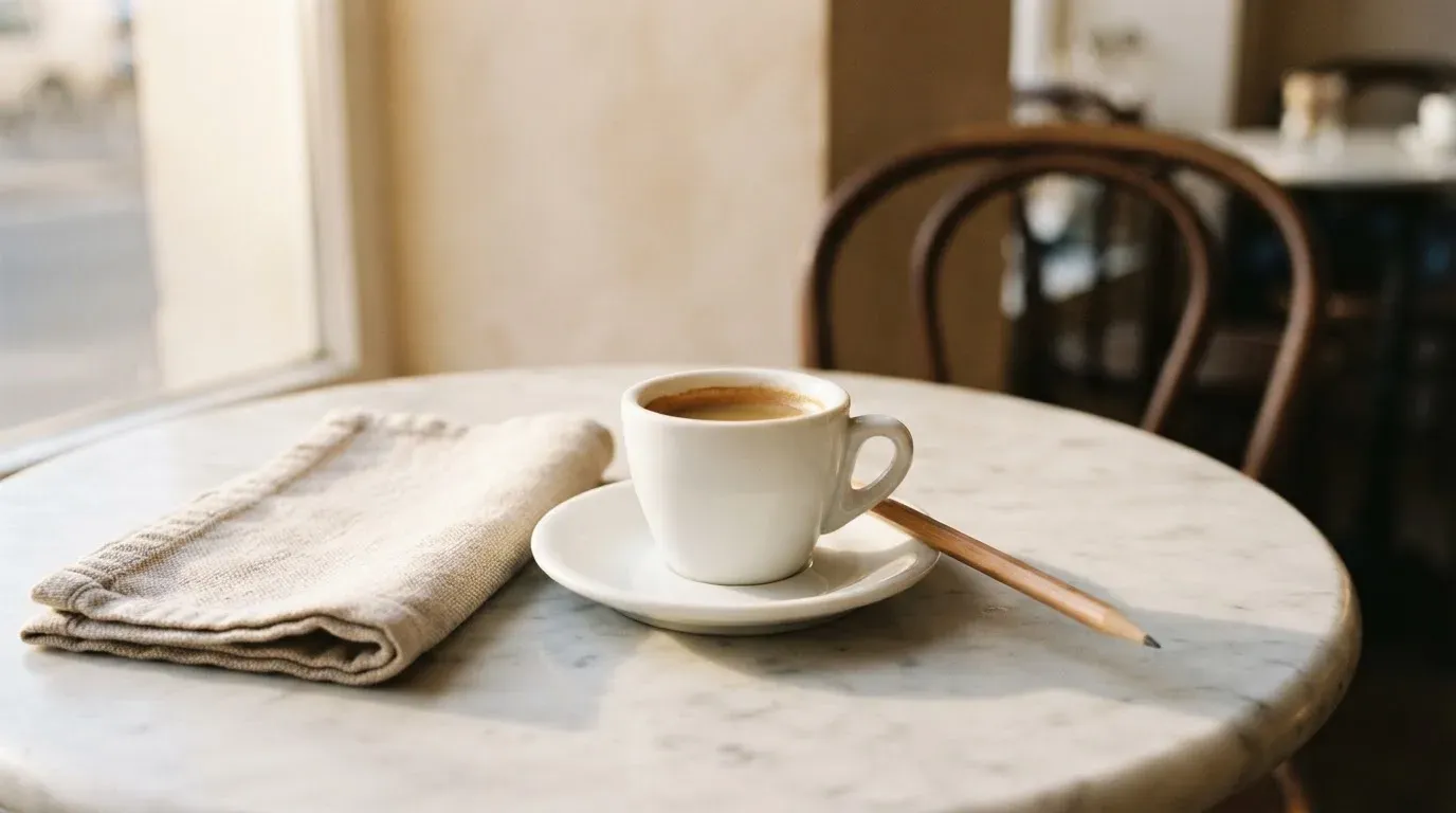 Eine Espressotasse und ein Bleistift liegen auf einem Caféhaustisch neben einer gefalteten Stoffserviette im Licht der Morgensonne.