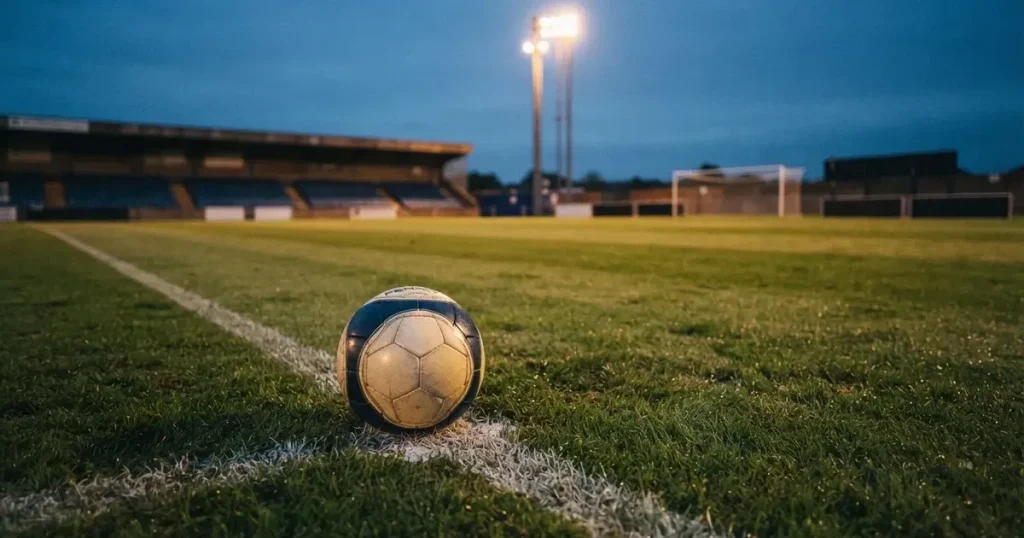 Ein Fussball liegt auf dem Anstosspunkt eines leeren Rasenplatzes in der Abenddämmerung, dahinter leuchten Flutlichtmasten über einer Tribüne.