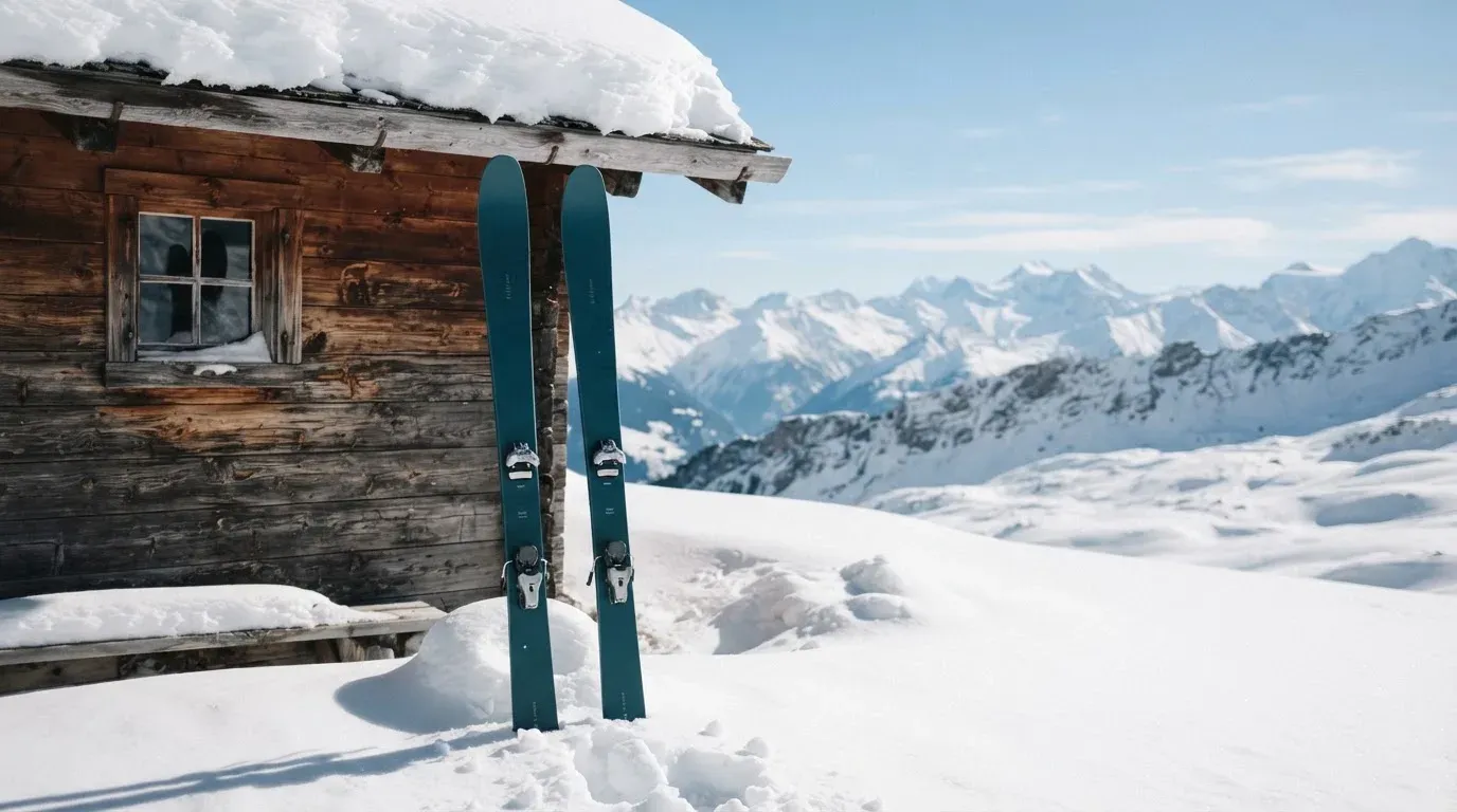 Zwei Skier stecken aufrecht im Schnee neben einer Holzhütte, dahinter ein weites Alpenpanorama bei klarem Himmel.