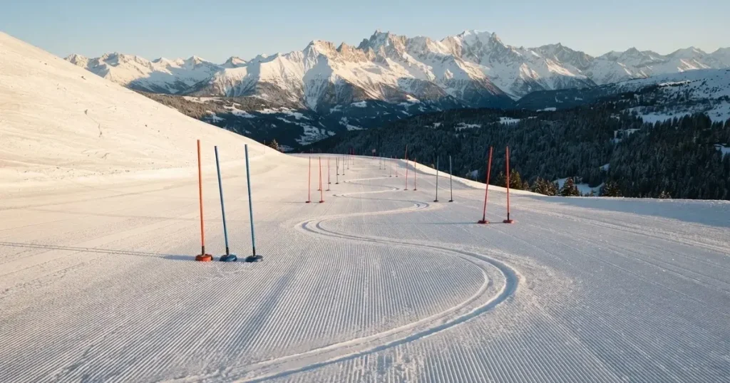 Ein frisch präparierter Hang mit Slalomstangen in einer Reihe im ersten Morgenlicht, Schneespuren im Hang und Berge im Hintergrund.