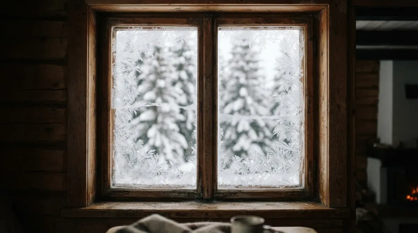 Ein vereistes Fenster einer Berghütte mit Blick auf verschneite Tannen im blassen Winterlicht.