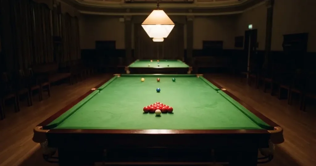 Ein Snookertisch mit grünem Tuch und einem Dreieck aus roten Kugeln unter einer tief hängenden Lampe in einer leeren Halle.
