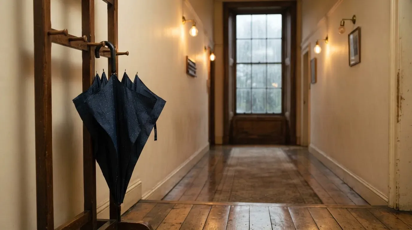 Eine Garderobe aus Holz mit einem dunklen Regenschirm in einem stillen Korridor, am Fenster rinnt Regen herunter.