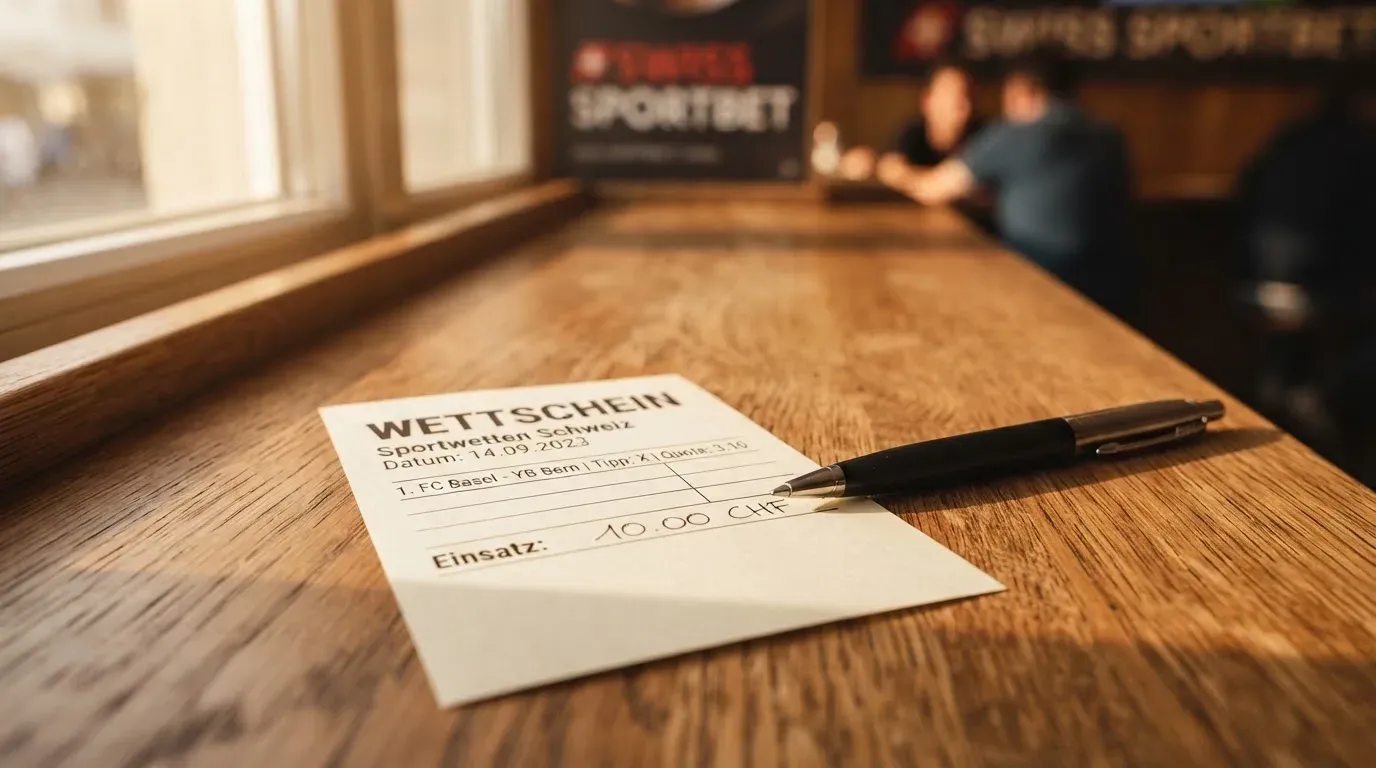 Ein leerer Wettschein aus Papier und ein Kugelschreiber liegen auf einer hölzernen Theke im Nachmittagslicht.