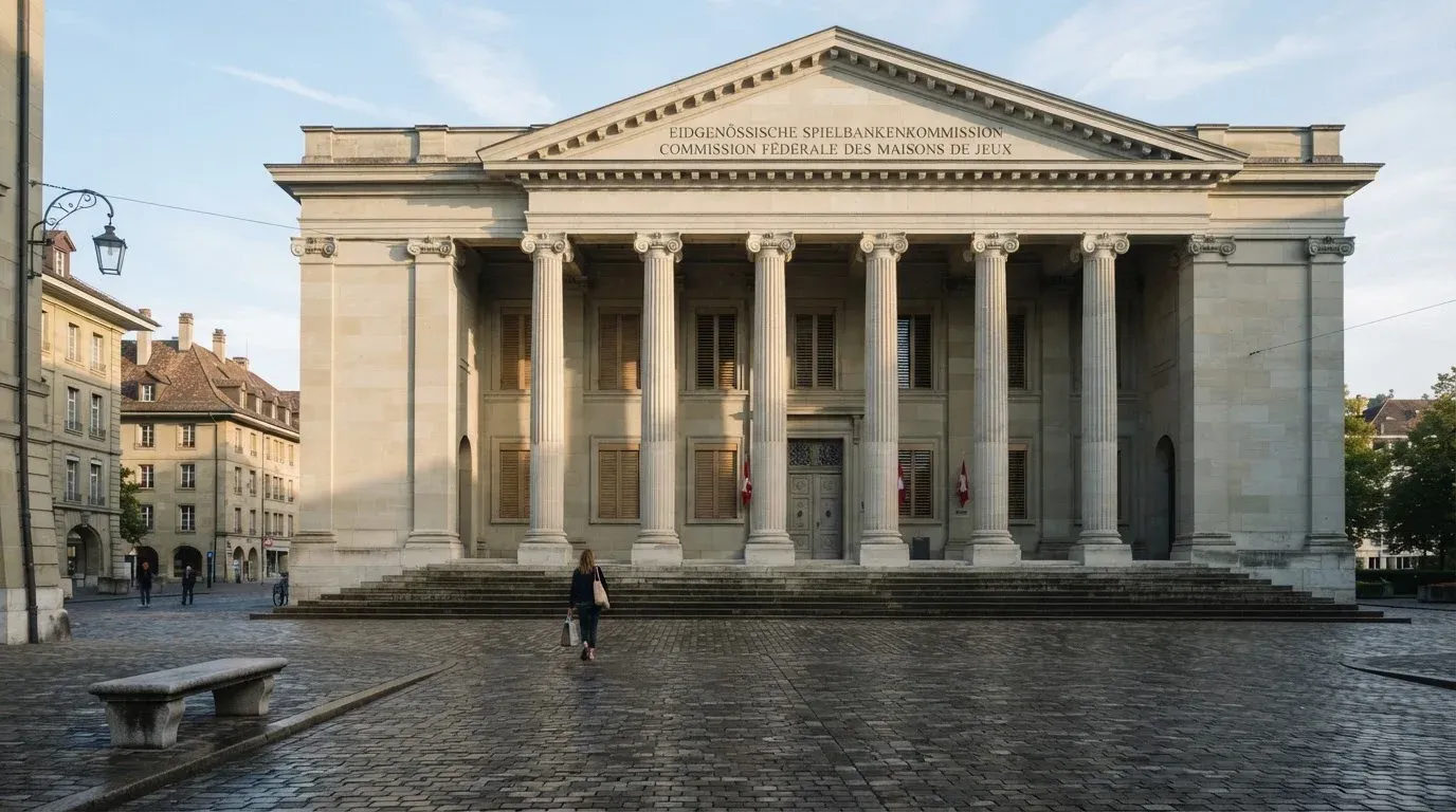 Die Fassade eines Steingebäudes mit Säulen an einem ruhigen Platz im Morgenlicht, ohne Menschen davor.
