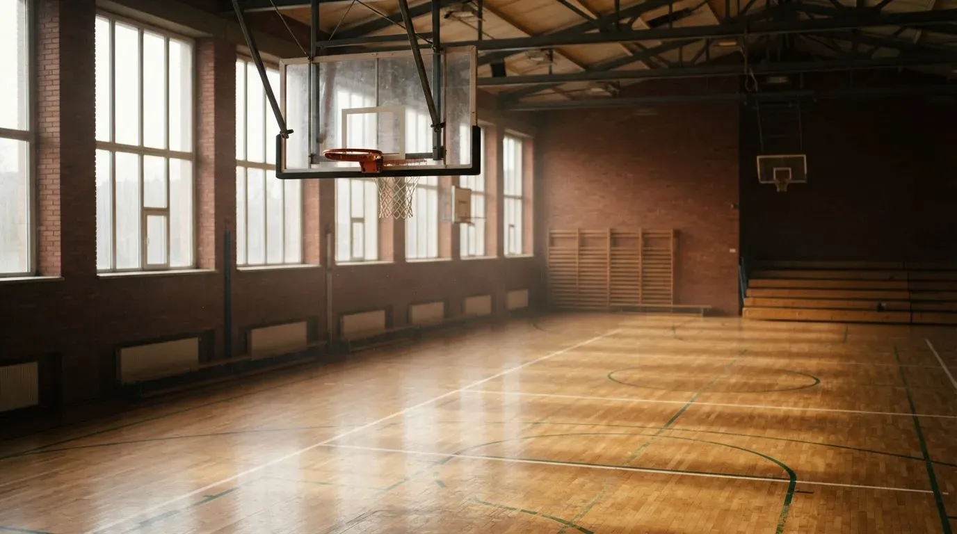 Ein Basketballkorb hängt in einer leeren Turnhalle, durch hohe Fenster fällt Licht auf das Holzparkett.