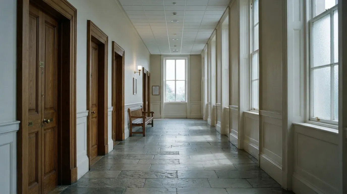Ein langer, leerer Flur in einem Verwaltungsgebäude mit Holztüren und Steinboden im kühlen Tageslicht.