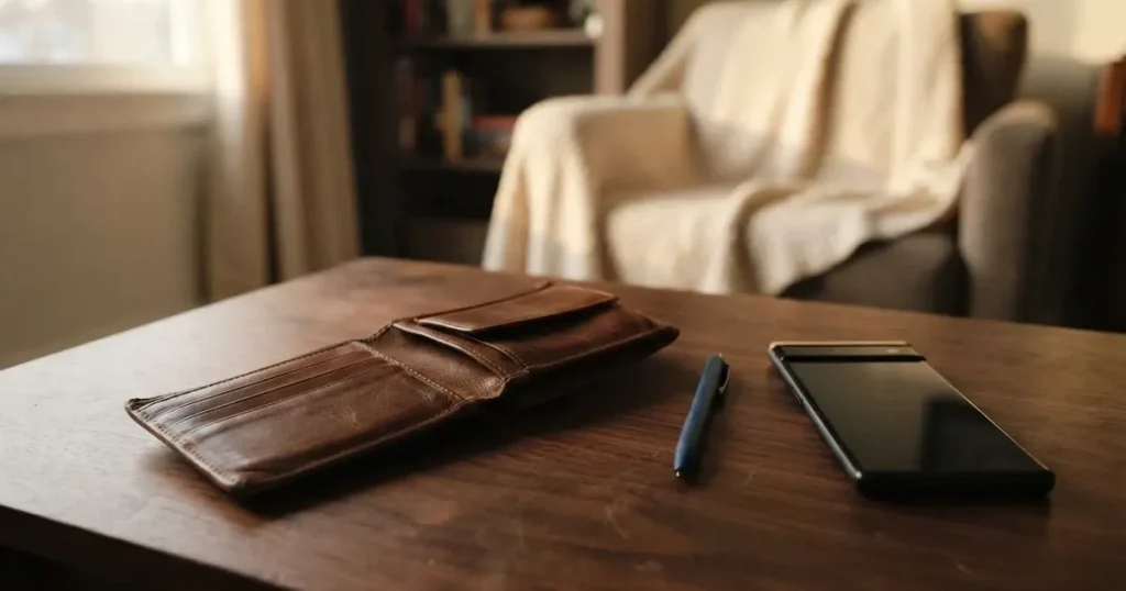 Eine leere Geldbörse aus Leder liegt geöffnet auf einem Tisch, daneben ein Kugelschreiber und ein Smartphone mit dunklem Display.
