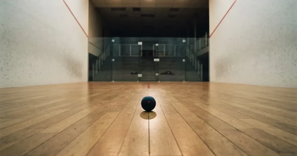 Ein leerer Squashcourt mit weissen Wänden und hellem Holzboden, ein Ball liegt in der Mitte, Deckenlicht spiegelt sich im Parkett.