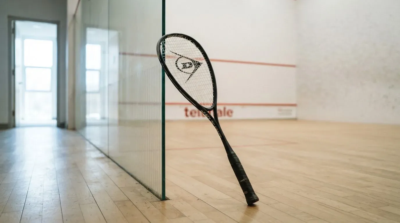 Ein Squashschläger lehnt an der Glaswand eines leeren Courts, draussen fällt Tageslicht in den Gang.