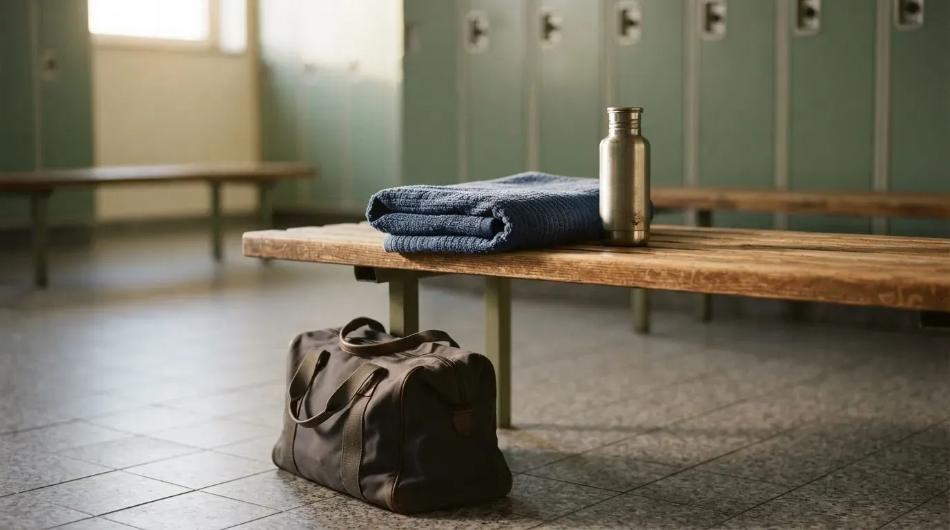 Ein Frottiertuch und eine Trinkflasche liegen auf einer Bank neben einer Sporttasche in einer ruhigen Garderobe.