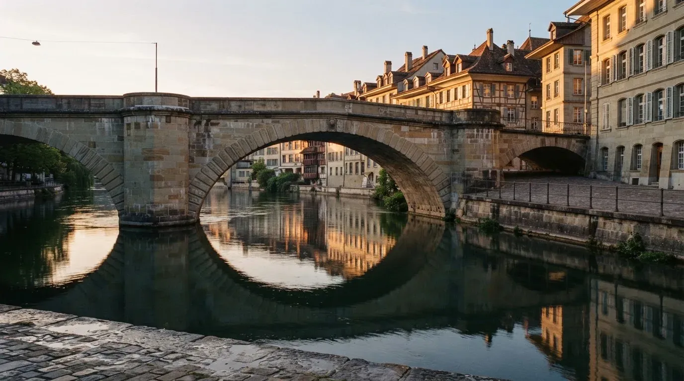 Ein steinerner Brückenbogen über einem Fluss in einer Schweizer Altstadt im ersten Morgenlicht.