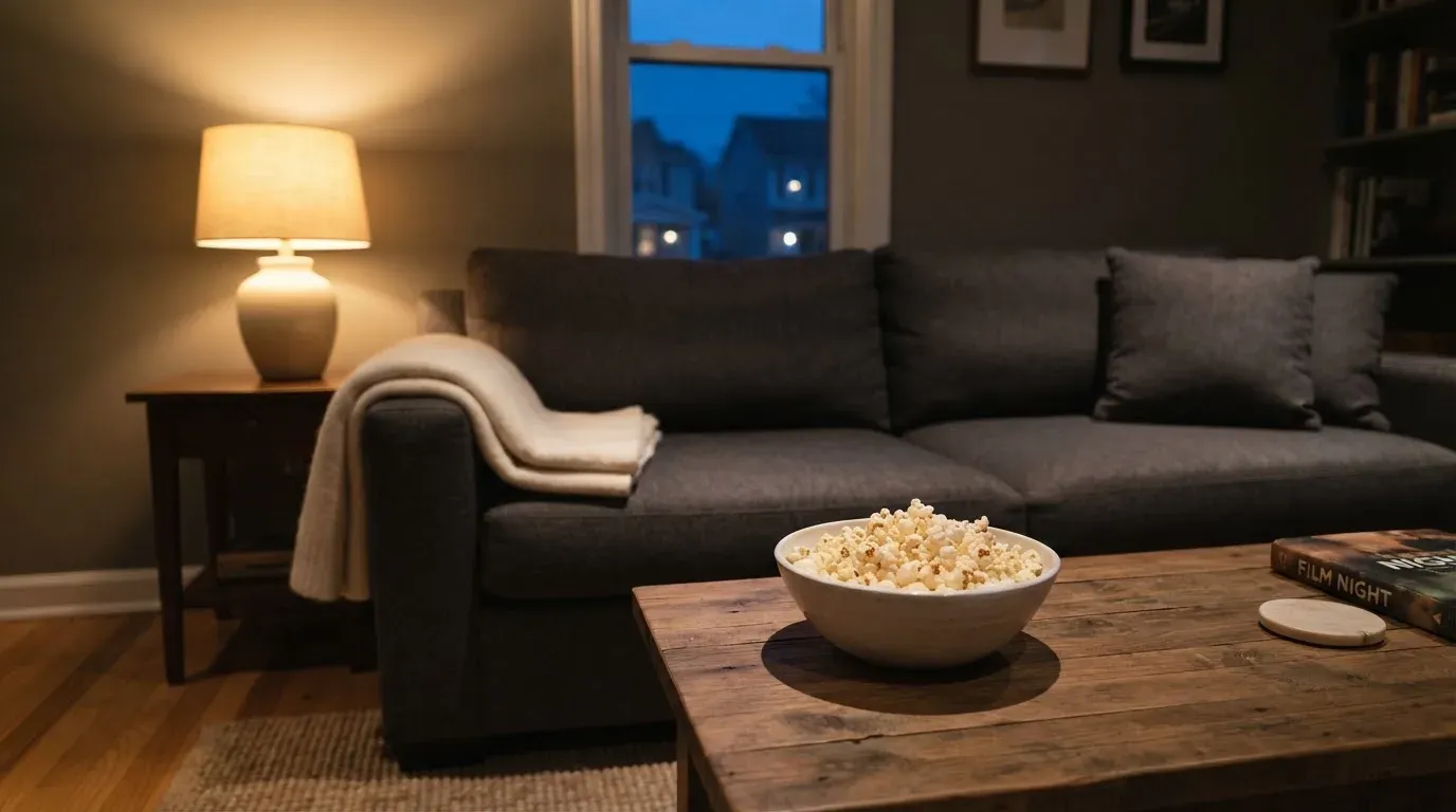 Ein Sofa mit Wolldecke und eine Schale Popcorn auf dem Couchtisch in einem Wohnzimmer bei Lampenlicht am späten Abend.