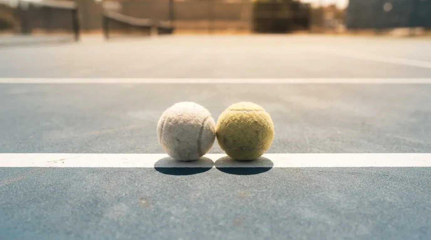 Zwei Tennisbälle liegen auf der weissen Grundlinie eines Hartplatzes im grellen Sonnenlicht.