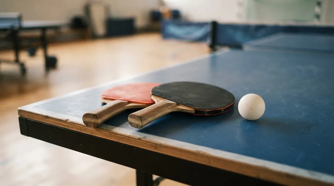 Zwei Tischtennisschläger liegen gekreuzt am Rand einer Platte, daneben ein kleiner weisser Ball.