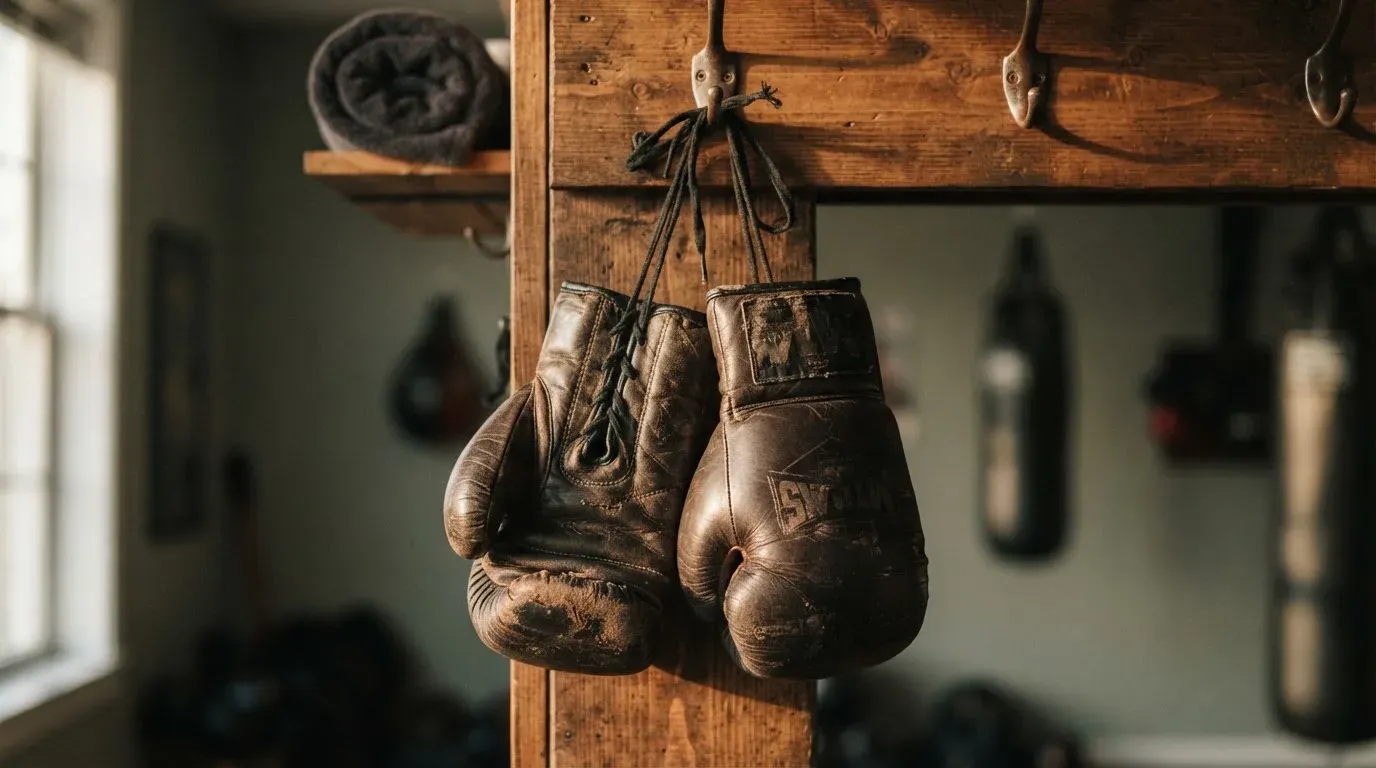 Ein Paar abgegriffener Kampfsporthandschuhe hängt an einem Haken in einem Trainingsraum.