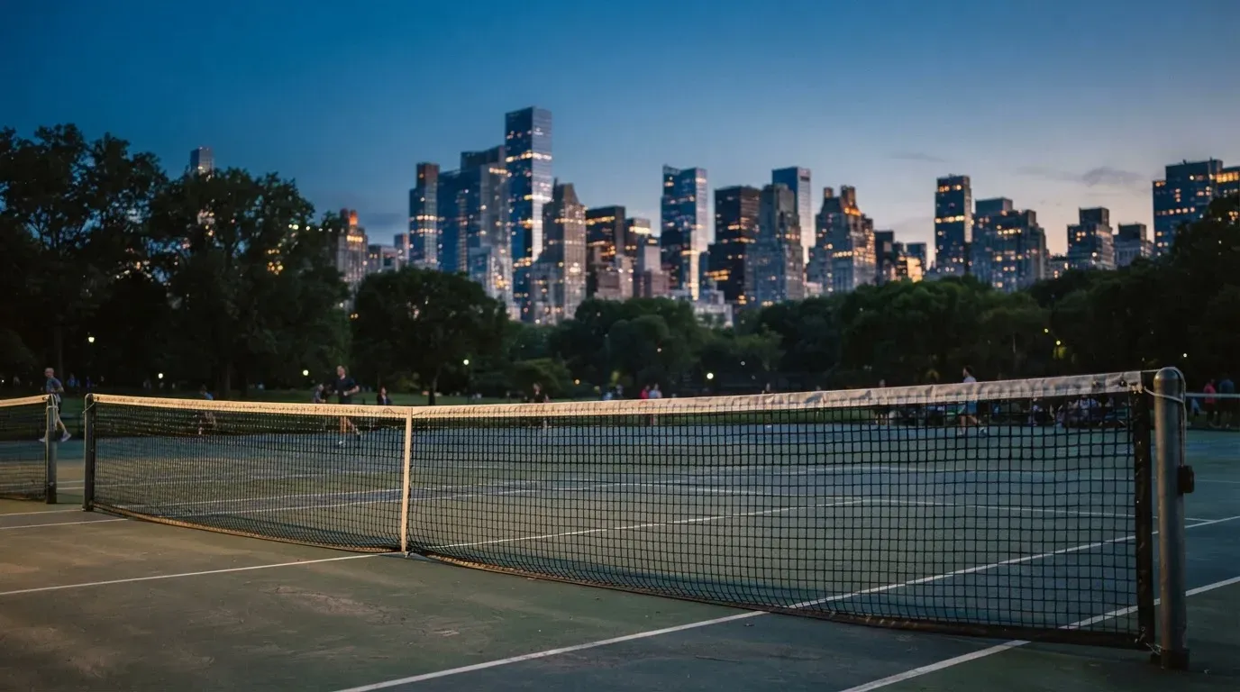 Die Hochhäuser einer Grossstadt in der Dämmerung, gesehen von einem Park, im Vordergrund ein gespanntes Tennisnetz.