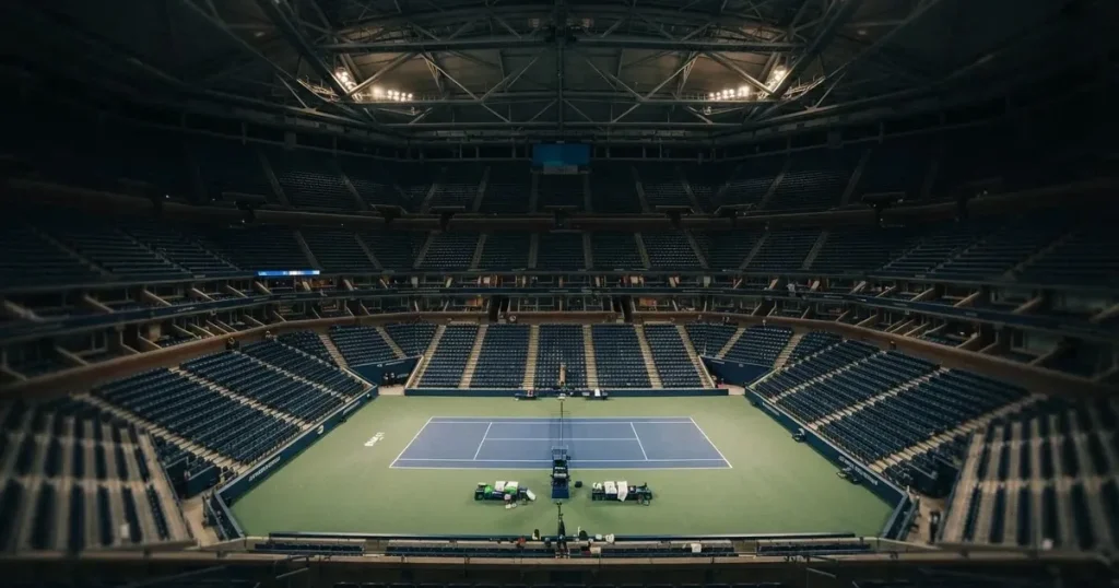 Ein hohes Tennisstadion mit geschlossenem Dach, von innen beleuchtet, leere Sitzreihen umschliessen den blauen Hartplatz.