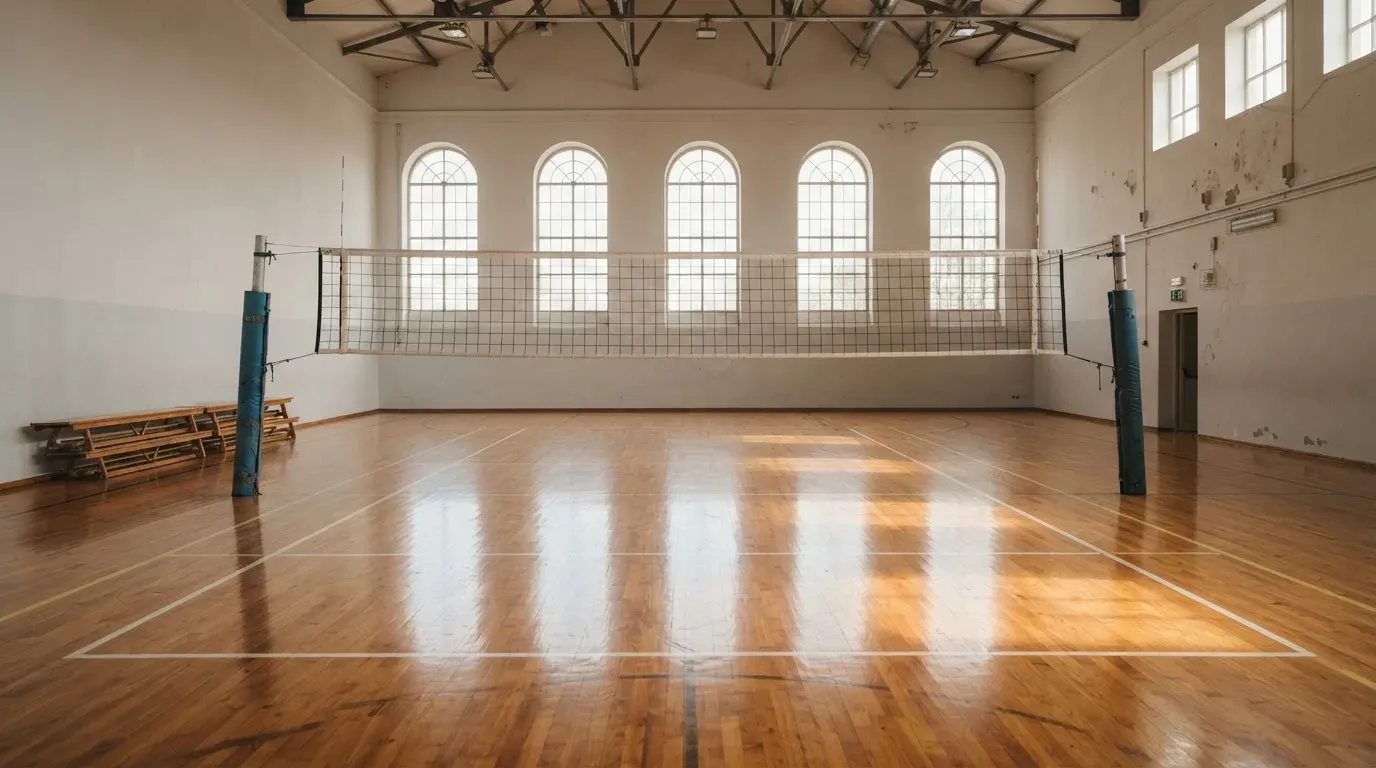 Eine Sporthalle mit gespanntem Volleyballnetz über poliertem Holzboden, hohe Fenster lassen Tageslicht herein.