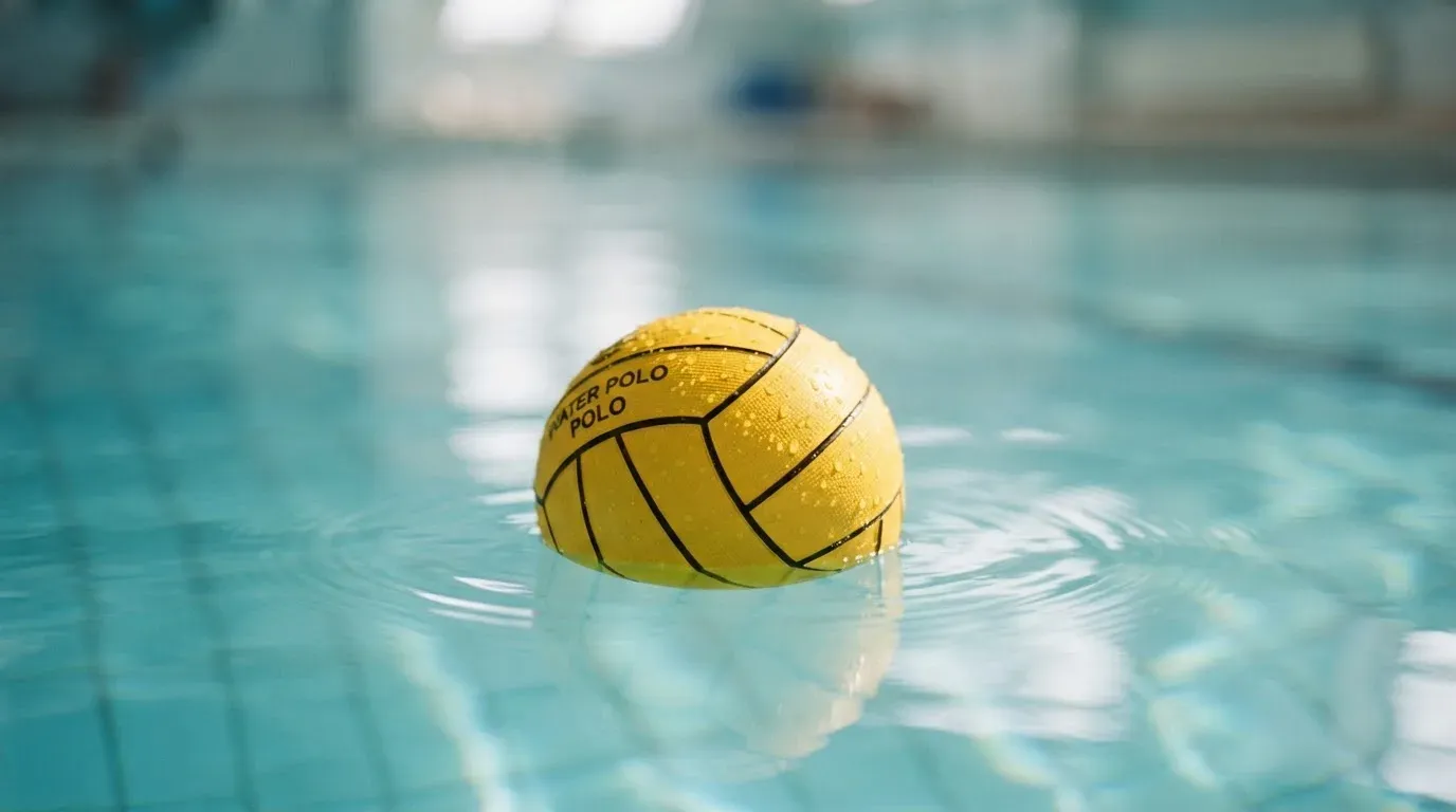 Ein gelber Ball treibt auf ruhigem türkisfarbenem Beckenwasser, feine Wellen im weichen Licht.