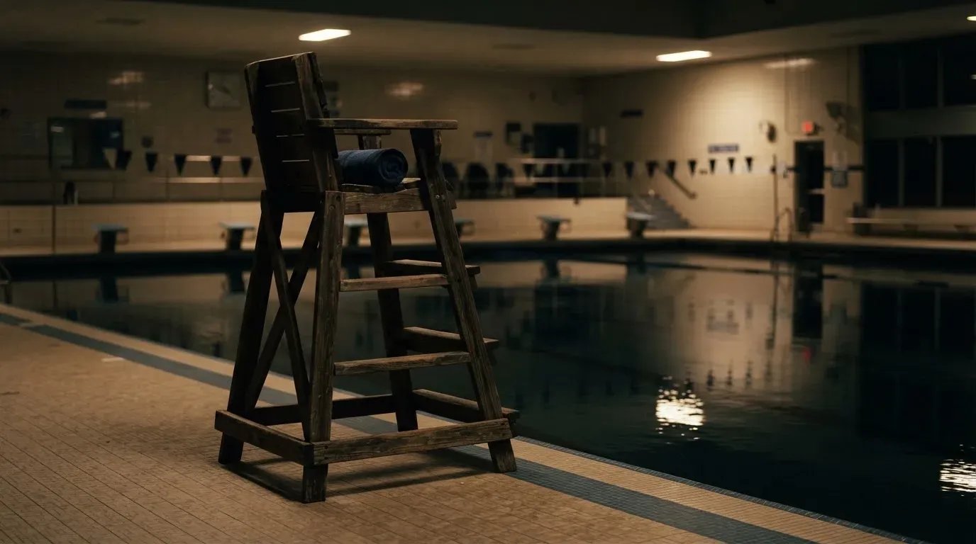 Ein Bademeisterstuhl neben einem Hallenbad zur Schliesszeit, gedimmtes Licht, glatte Wasseroberfläche.