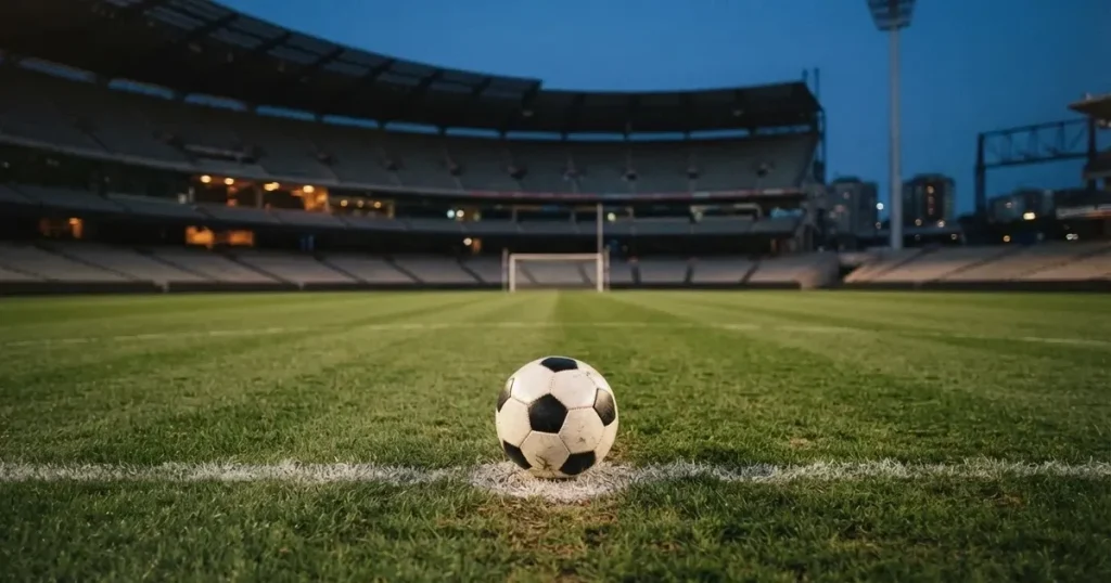 Ein Fussball liegt auf dem Anstosspunkt eines leeren Rasenplatzes, dahinter ragen die Ränge eines grossen Stadions in der Abenddämmerung auf.
