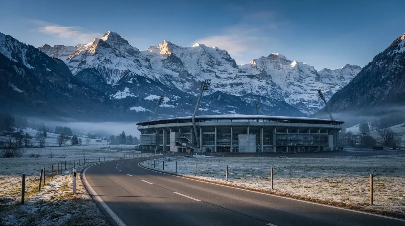 Schneebedeckte Berge erheben sich hinter einem Fussballstadion in einem Schweizer Tal, davor liegt eine leere Strasse im Morgenlicht.