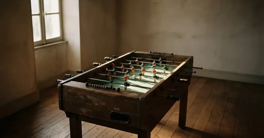Ein Tischfussballtisch steht in einem leeren Raum, auf dem grünen Spielfeld liegt eine einzelne Kugel im Licht eines Fensters.