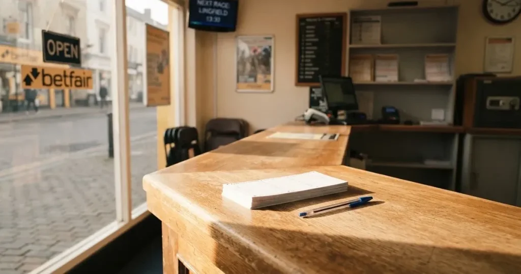 Ein leerer Ladentisch aus Holz mit einem Stapel unbeschriebener Papierzettel und einem Kugelschreiber, durch das Schaufenster fällt Tageslicht.