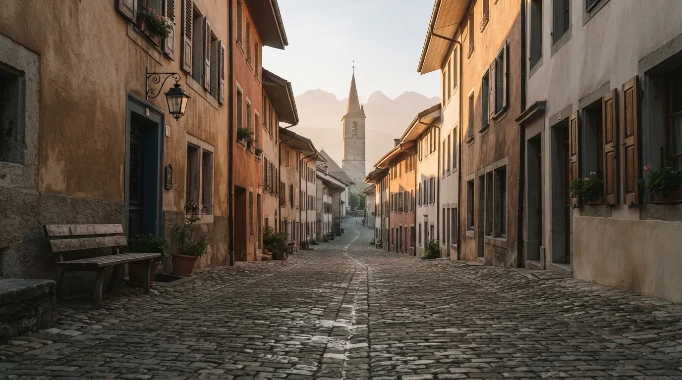 Eine ruhige Gasse in einer Schweizer Altstadt mit Kopfsteinpflaster am frühen Morgen, im Hintergrund ein Kirchturm und Berge im Dunst.