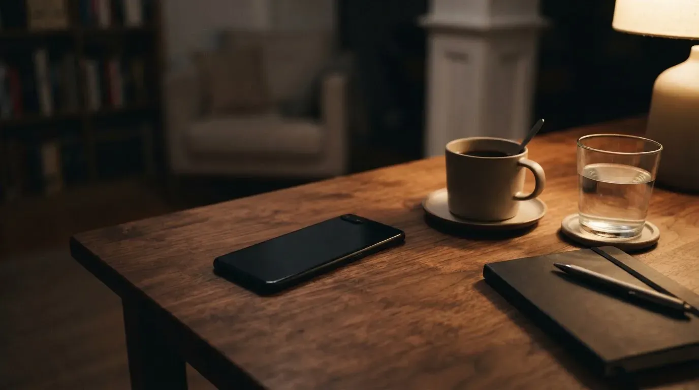 Ein Smartphone mit dunklem Display liegt neben einer Kaffeetasse und einem Glas Wasser auf einem Holztisch im Licht einer Lampe.